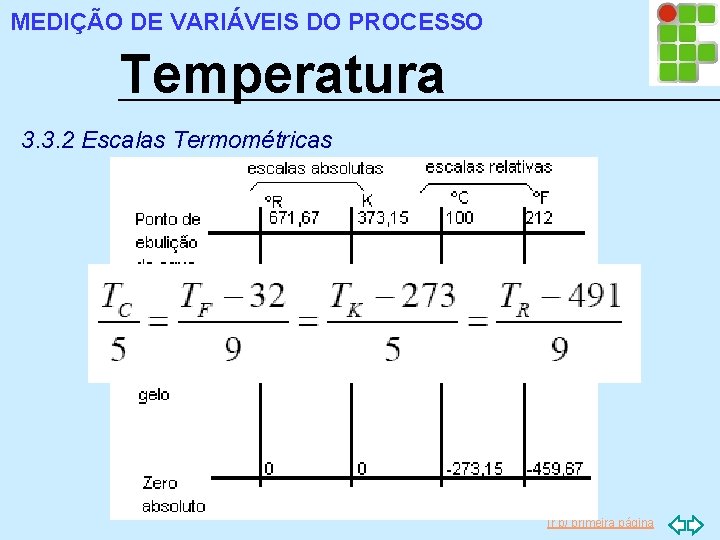 MEDIÇÃO DE VARIÁVEIS DO PROCESSO Temperatura 3. 3. 2 Escalas Termométricas Ir p/ primeira