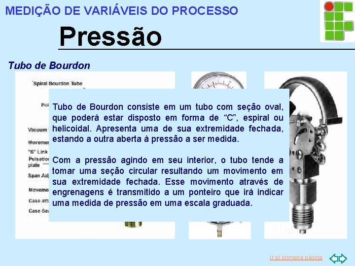 MEDIÇÃO DE VARIÁVEIS DO PROCESSO Pressão Tubo de Bourdon consiste em um tubo com