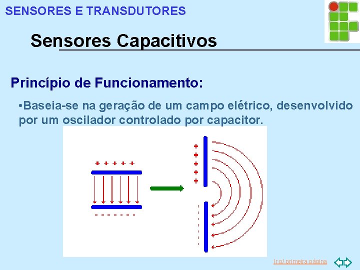 SENSORES E TRANSDUTORES Sensores Capacitivos Princípio de Funcionamento: • Baseia-se na geração de um