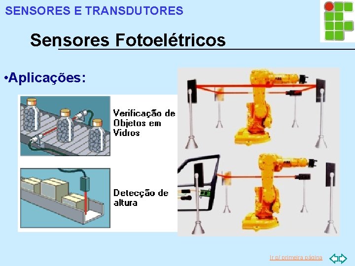 SENSORES E TRANSDUTORES Sensores Fotoelétricos • Aplicações: Ir p/ primeira página 