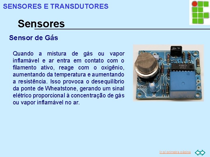 SENSORES E TRANSDUTORES Sensores Sensor de Gás Quando a mistura de gás ou vapor