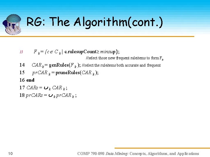 RG: The Algorithm(cont. ) 13 F k = {c C k | c. rulesup.