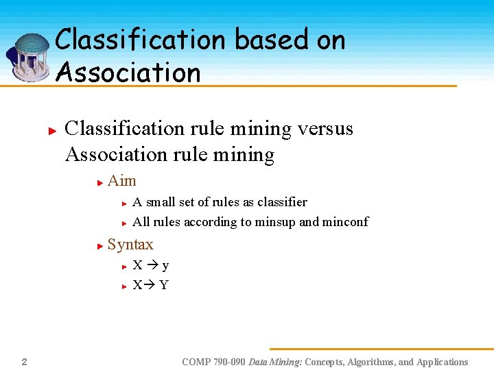 Classification based on Association Classification rule mining versus Association rule mining Aim A small