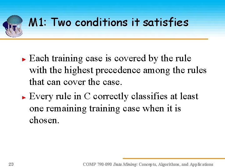 M 1: Two conditions it satisfies Each training case is covered by the rule