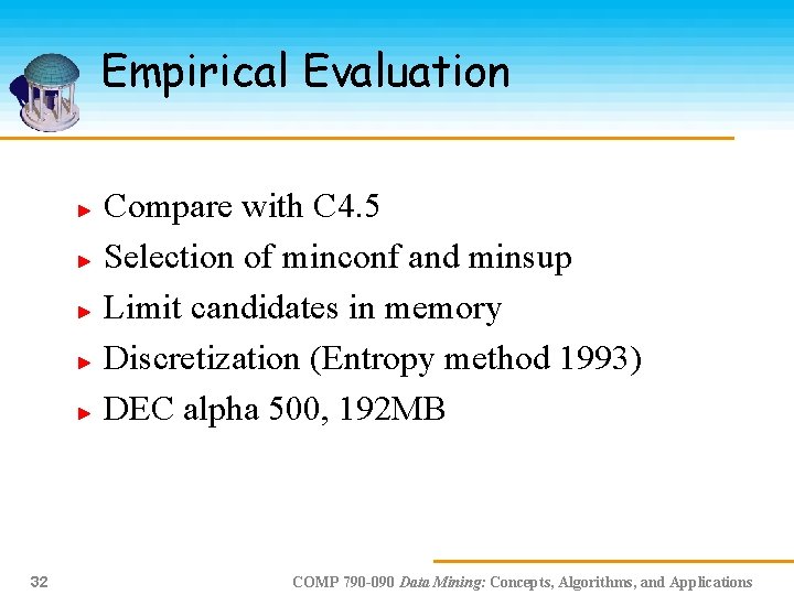 Empirical Evaluation Compare with C 4. 5 Selection of minconf and minsup Limit candidates