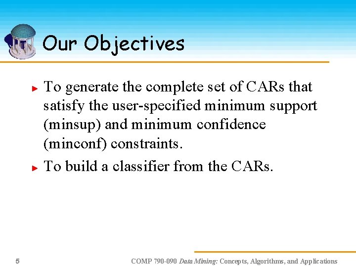 Our Objectives To generate the complete set of CARs that satisfy the user-specified minimum