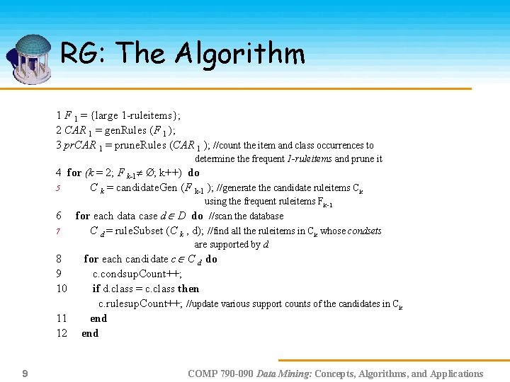 RG: The Algorithm 1 F 1 = {large 1 -ruleitems}; 2 CAR 1 =