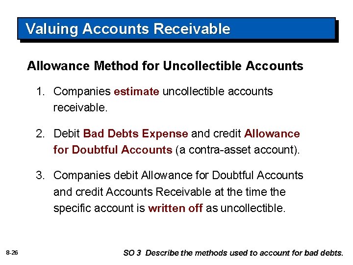 Valuing Accounts Receivable Allowance Method for Uncollectible Accounts 1. Companies estimate uncollectible accounts receivable.