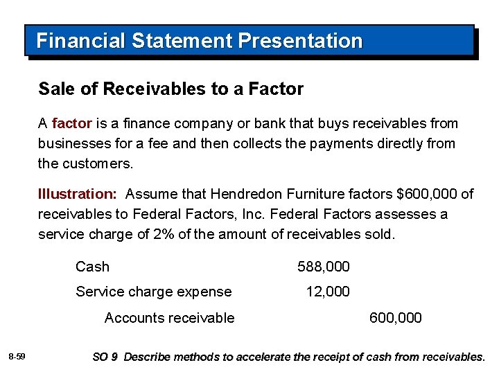Financial Statement Presentation Sale of Receivables to a Factor A factor is a finance
