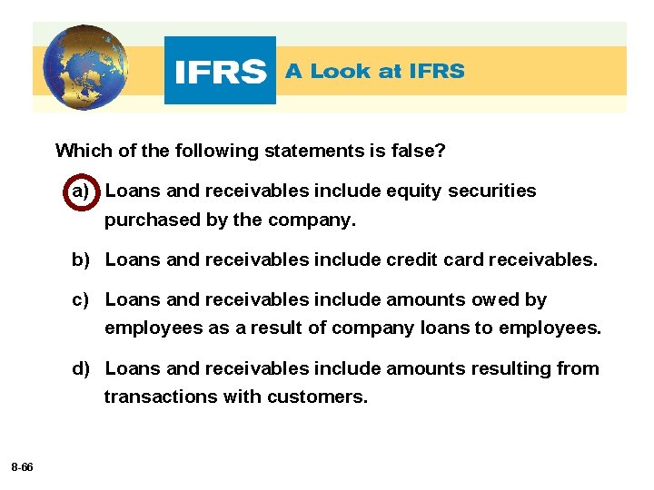 Which of the following statements is false? a) Loans and receivables include equity securities