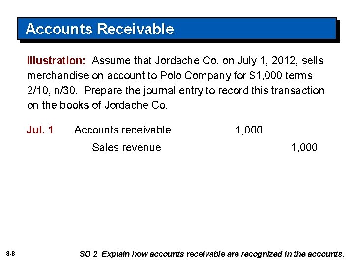 Accounts Receivable Illustration: Assume that Jordache Co. on July 1, 2012, sells merchandise on