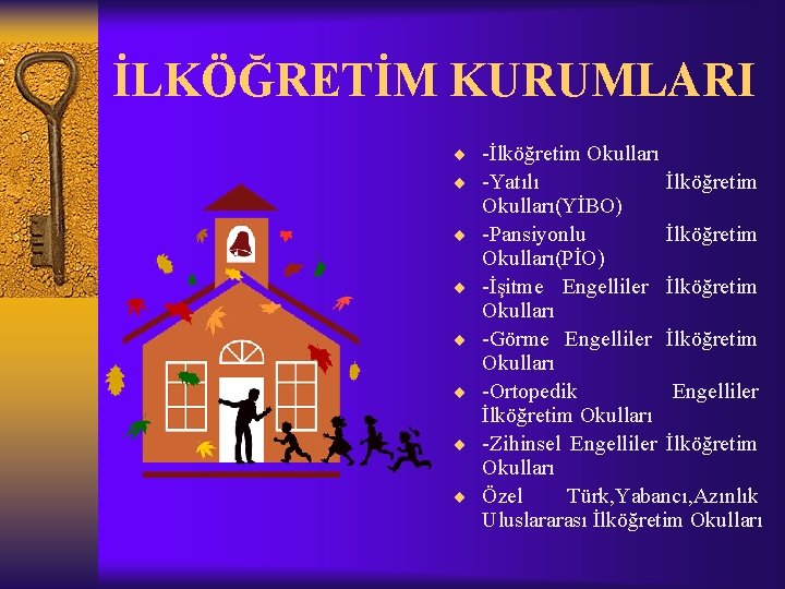 İLKÖĞRETİM KURUMLARI ¨ -İlköğretim Okulları ¨ -Yatılı İlköğretim ¨ ¨ ¨ Okulları(YİBO) -Pansiyonlu İlköğretim