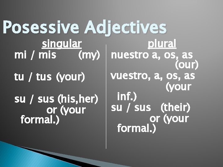 Posessive Adjectives singular mi / mis (my) tu / tus (your) su / sus