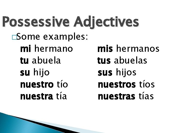 Possessive Adjectives �Some examples: mi hermano mis hermanos tu abuela tus abuelas su hijo