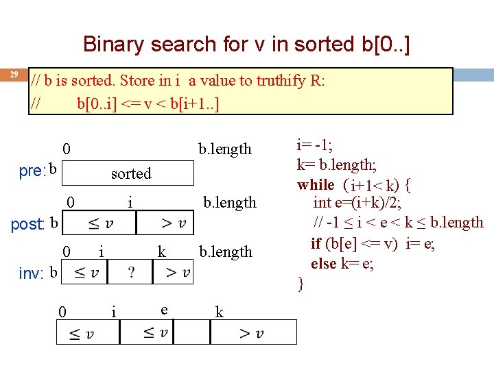 Binary search for v in sorted b[0. . ] 29 // b is sorted.