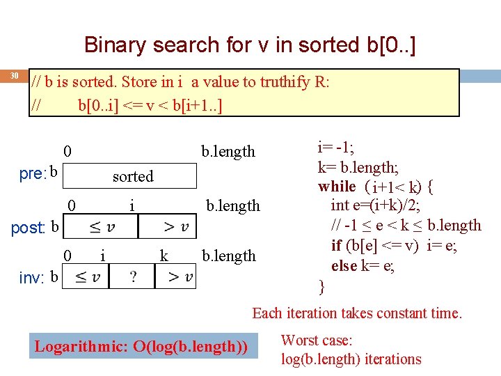 Binary search for v in sorted b[0. . ] 30 // b is sorted.