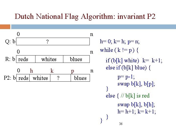 Dutch National Flag Algorithm: invariant P 2 0 n Q: b ? 0 n