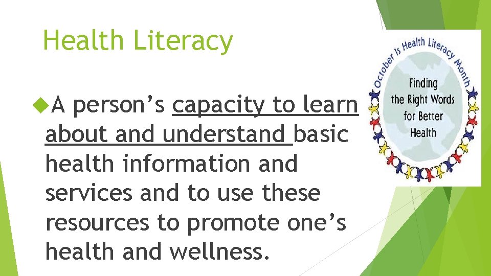Health Literacy A person’s capacity to learn about and understand basic health information and