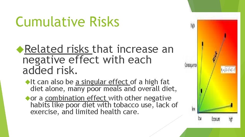 Cumulative Risks Related risks that increase an negative effect with each added risk. It