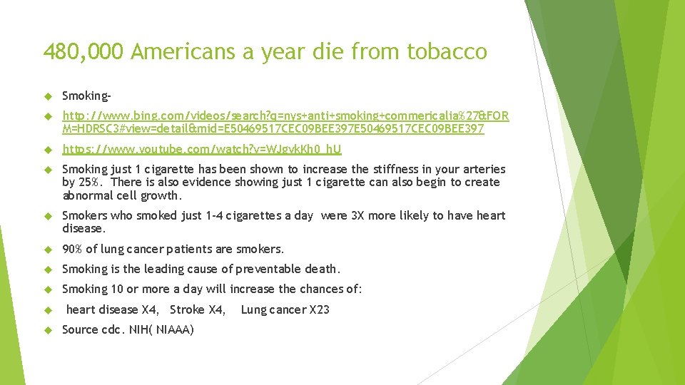 480, 000 Americans a year die from tobacco Smoking- http: //www. bing. com/videos/search? q=nys+anti+smoking+commericalia%27&FOR