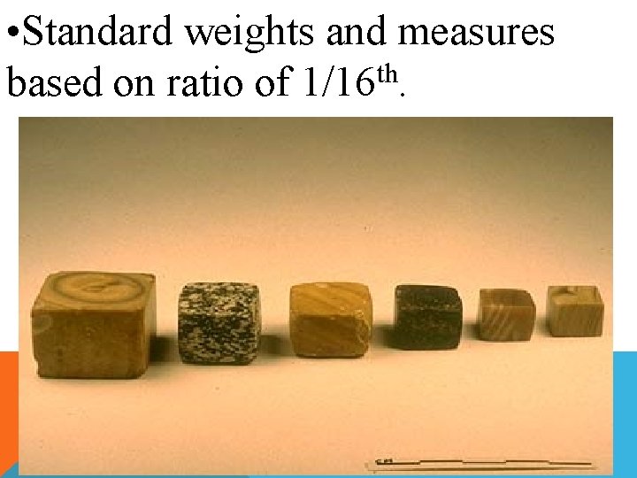  • Standard weights and measures based on ratio of 1/16 th. 