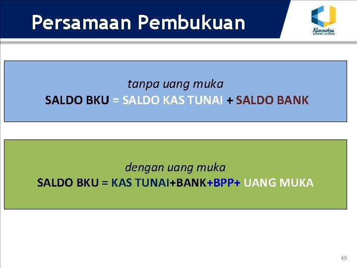 Persamaan Pembukuan tanpa uang muka SALDO BKU = SALDO KAS TUNAI + SALDO BANK