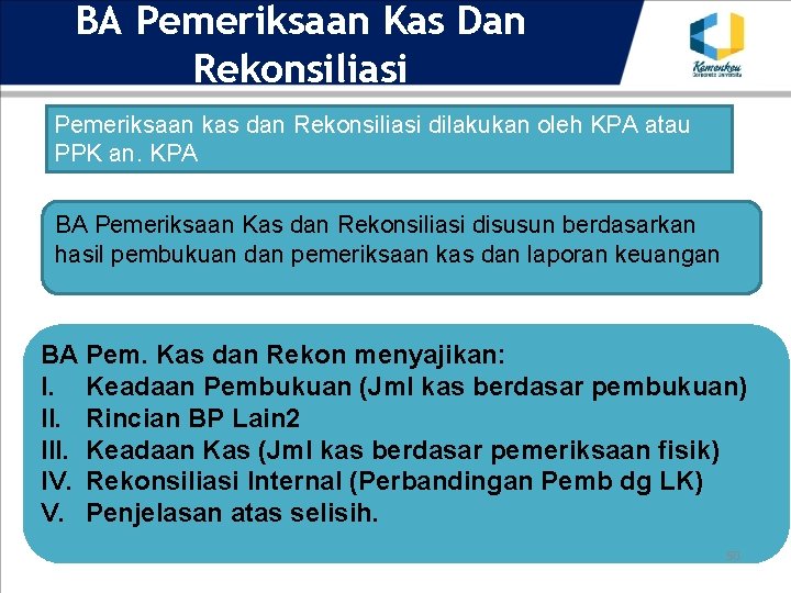 BA Pemeriksaan Kas Dan Rekonsiliasi Pemeriksaan kas dan Rekonsiliasi dilakukan oleh KPA atau PPK