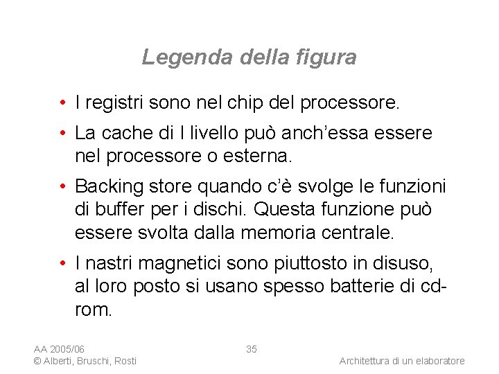 Legenda della figura • I registri sono nel chip del processore. • La cache