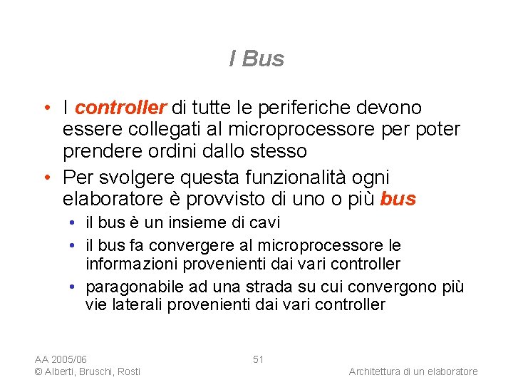 I Bus • I controller di tutte le periferiche devono essere collegati al microprocessore