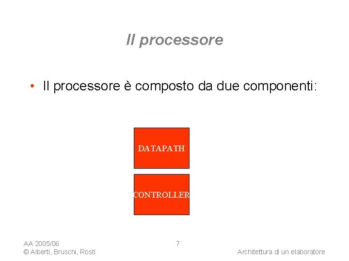 Il processore • Il processore è composto da due componenti: DATAPATH CONTROLLER AA 2005/06