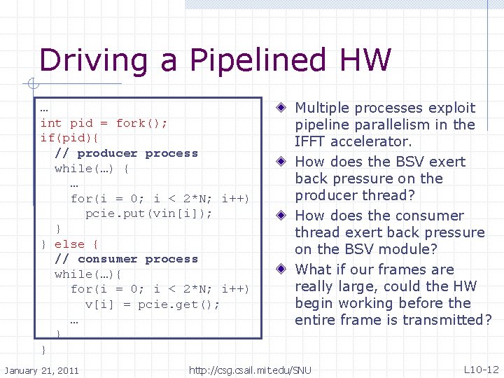 Driving a Pipelined HW … int pid = fork(); if(pid){ // producer process while(…)