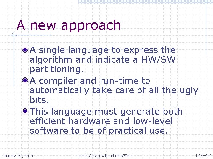 A new approach A single language to express the algorithm and indicate a HW/SW