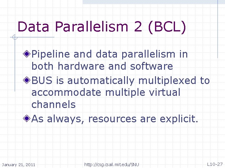 Data Parallelism 2 (BCL) Pipeline and data parallelism in both hardware and software BUS