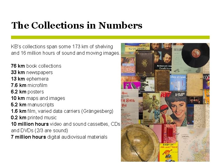 The Collections in Numbers KB’s collections span some 173 km of shelving and 16