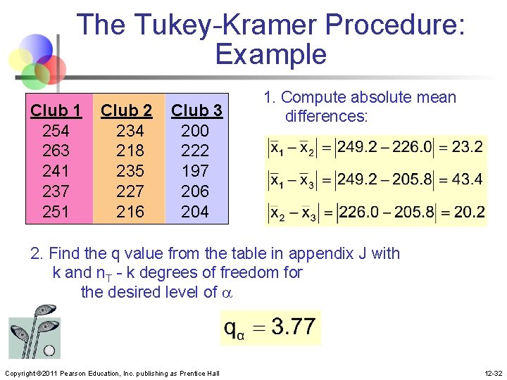 The Tukey-Kramer Procedure: Example Club 1 Club 2 Club 3 254 234 200 263