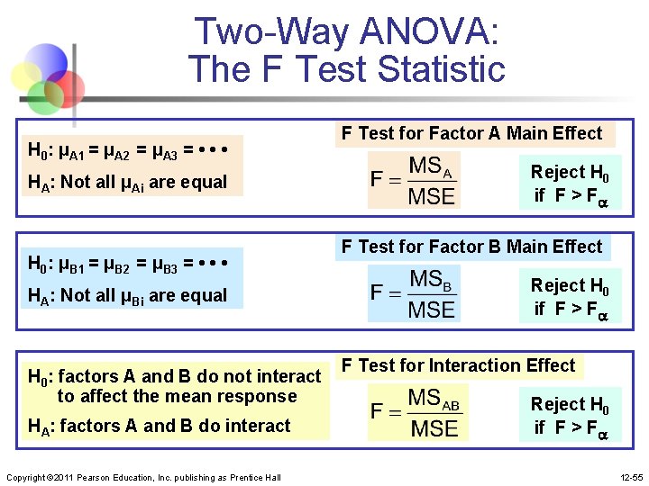 Two-Way ANOVA: The F Test Statistic H 0: μA 1 = μA 2 =