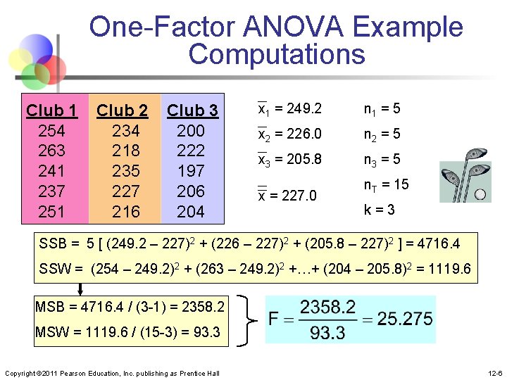One-Factor ANOVA Example Computations Club 1 Club 2 Club 3 254 234 200 263
