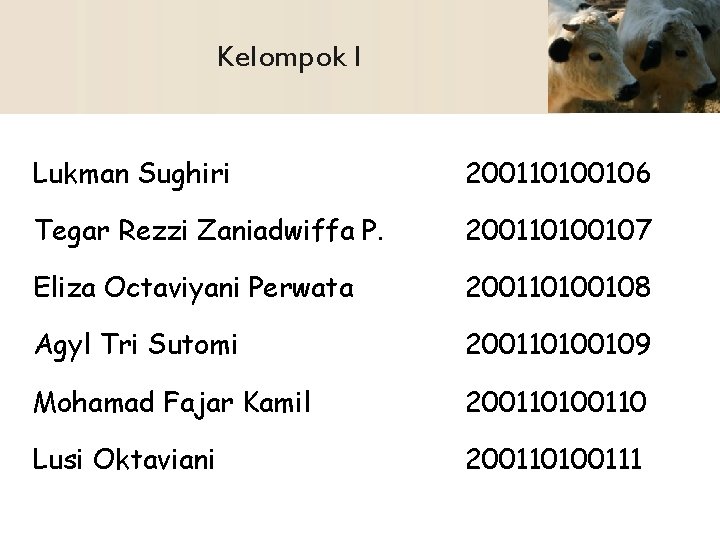 Kelompok I Lukman Sughiri 200110100106 Tegar Rezzi Zaniadwiffa P. 200110100107 Eliza Octaviyani Perwata 200110100108