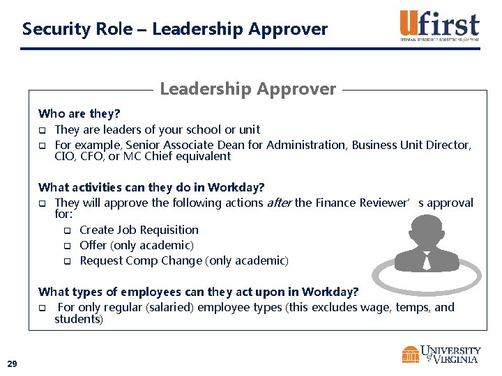 Security Role – Leadership Approver Who are they? q They are leaders of your