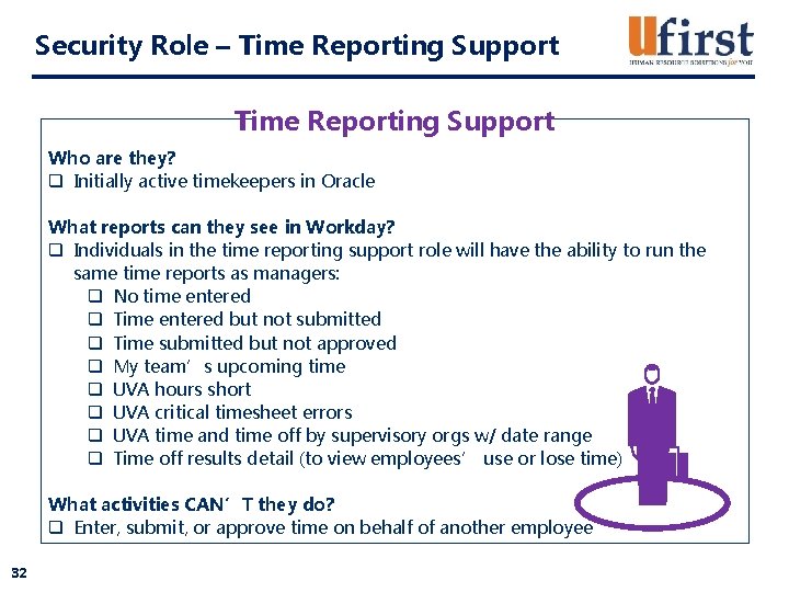 Security Role – Time Reporting Support Who are they? q Initially active timekeepers in
