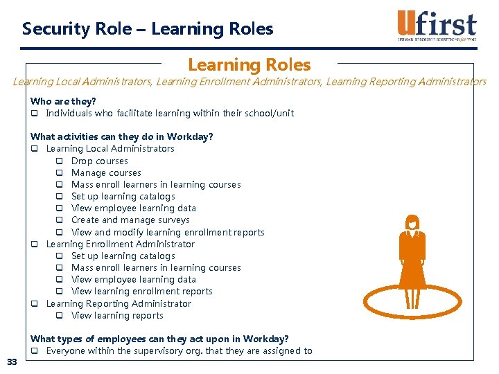Security Role – Learning Roles Learning Local Administrators, Learning Enrollment Administrators, Learning Reporting Administrators