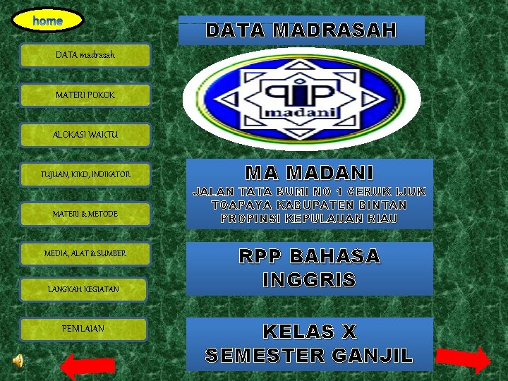 DATA MADRASAH DATA madrasah MATERI POKOK ALOKASI WAKTU TUJUAN, KIKD, INDIKATOR MATERI & METODE