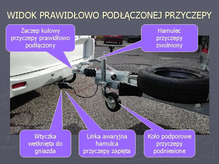 WIDOK PRAWIDŁOWO PODŁĄCZONEJ PRZYCZEPY Zaczep kulowy przyczepy prawidłowo podłączony Wtyczka wetknięta do gniazda Hamulec