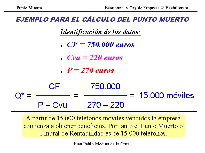 Punto Muerto Economía y Org de Empresa 2º Bachillerato EJEMPLO PARA EL CÁLCULO DEL