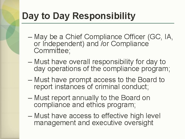 Day to Day Responsibility – May be a Chief Compliance Officer (GC, IA, or