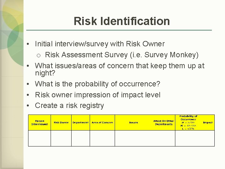 Risk Identification • Initial interview/survey with Risk Owner o Risk Assessment Survey (i. e.