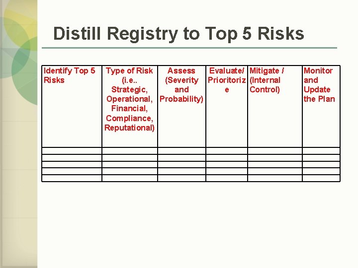 Distill Registry to Top 5 Risks Identify Top 5 Risks Type of Risk Assess