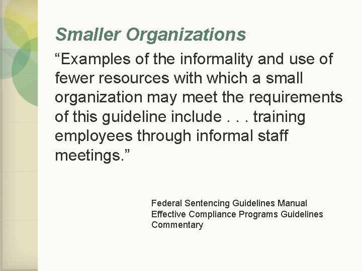 Smaller Organizations “Examples of the informality and use of fewer resources with which a