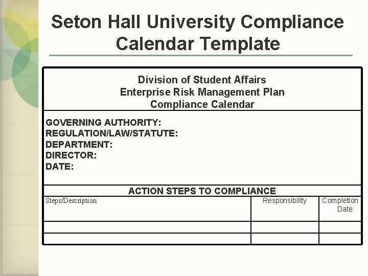 Seton Hall University Compliance Calendar Template Division of Student Affairs Enterprise Risk Management Plan