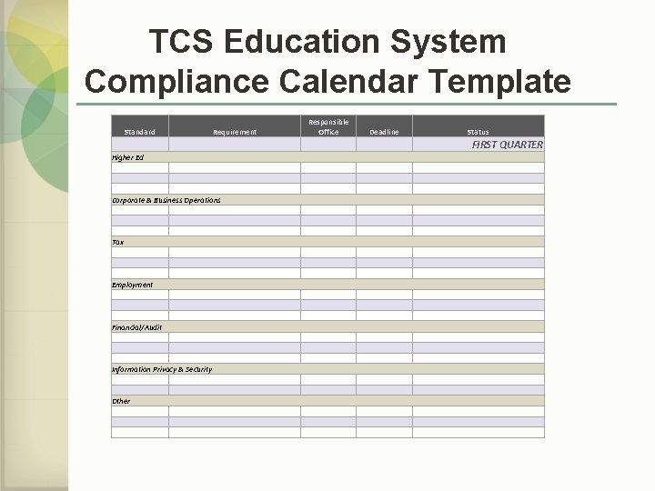 TCS Education System Compliance Calendar Template Standard Higher Ed Responsible Office Requirement Corporate &